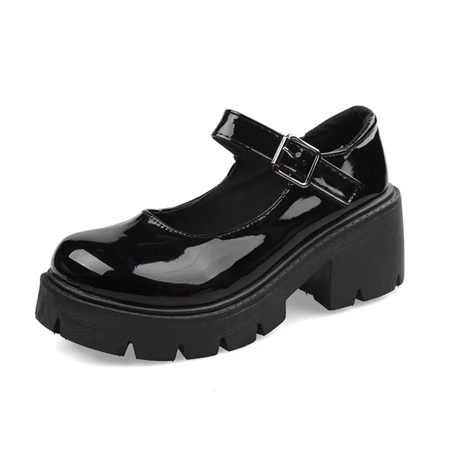 

Women Japanese Lolita Shoes Vintage Soft High Heels Platform Shoes Woman Patent Leather Ankle Strap Mary Jane Shoes Black