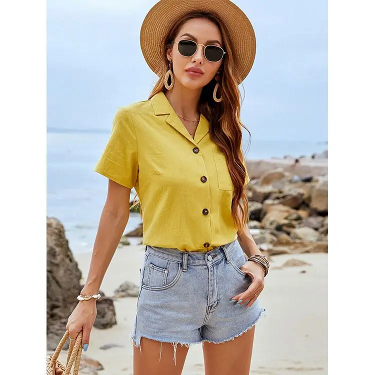 

PEARL Casual Shirt Collar Single Breasted Yellow Cotton Solid Color Simple Type Ladies Tops