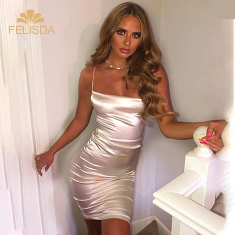 

FELISDA Women Sexy Bodycon Party Casual Dresses Backless Spaghetti Straps Clubwear Lace Satin Mini Dress Dropshipping