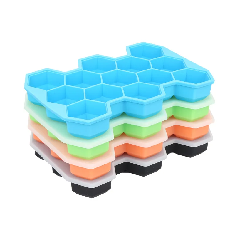 

JTOMEI 16 Cavity BPA Free Food Grade Silicone Honeycomb Wishkey Ice Cream Molds Tray Maker with Lid Flexible Ice Cube Tray Set, Black, blue, green, orange