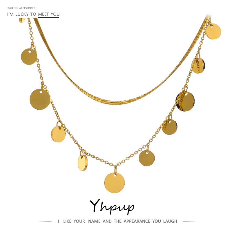 

Yhpup Classic 18K Waterproof 316 Stainless Steel Round Coin Pendant Drop Dangle Exquisite Gold Layered Chain Necklace for Women