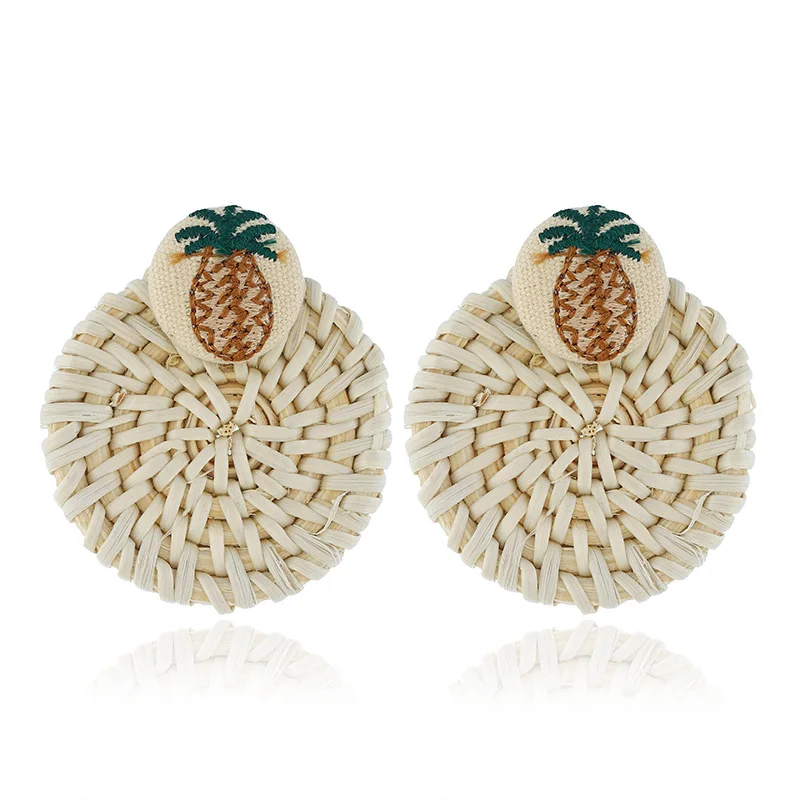 

European Statement Boho Ethnic Bamboo Braid Earrings Handmade Rattan Knit Printed Pineapple Earring Women Accessory Wedding, Picture