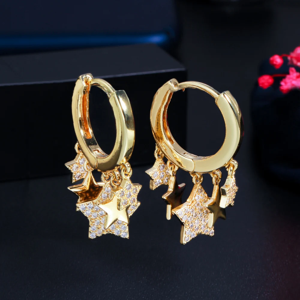 Glittering CZ Lucky Star Round Huggie Hoop Earrings with Charm Women Summer Party Brazilian Gold Plated Jewelry