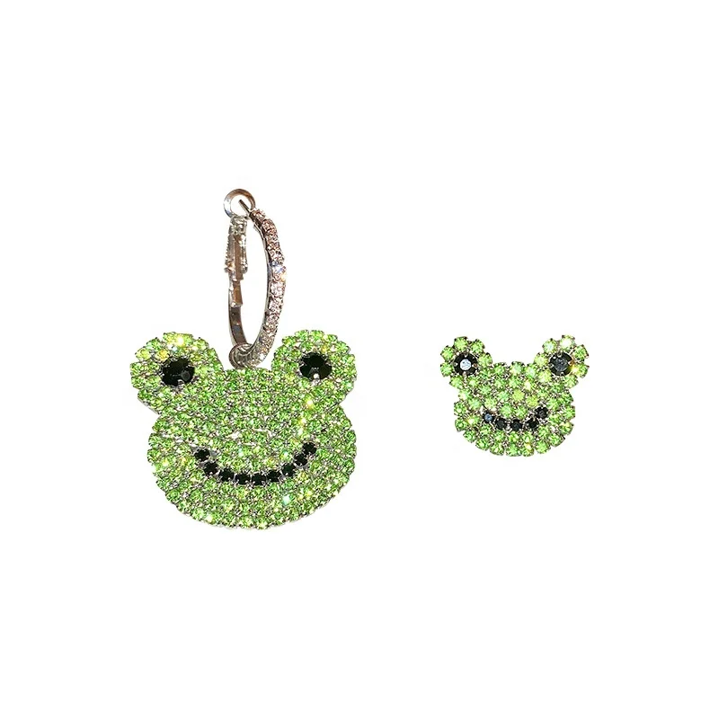 

Lovely Shiny Full Green Rhinestone Frog Drop Earring for Women Girls Cute Asymmetry Animal Fashion Jewelry Sweet Gifts, Picture shows