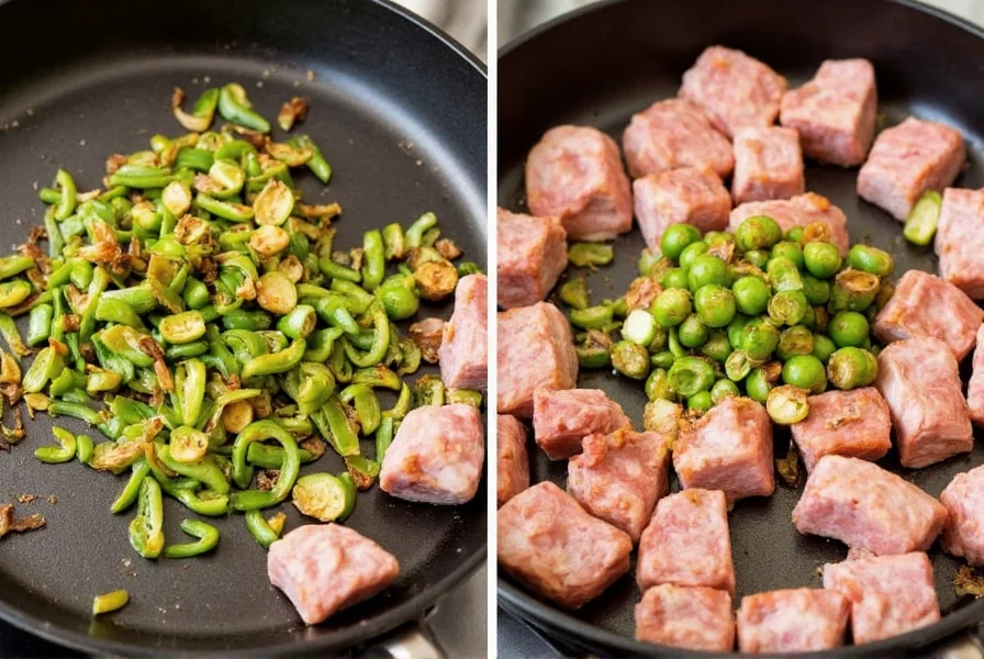 Step-by-step preparation of pork and green chili recipe showing roasted green chilies being peeled and chopped with pork shoulder cubes in cast iron skillet