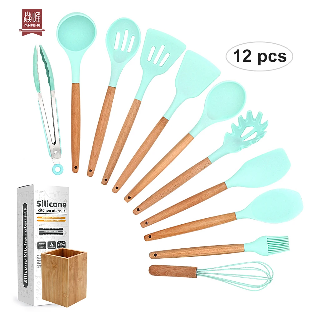 

Amazon Hot Seller Natural Wood Cooking Tool Silicone Kitchen Utensil Set, Light green