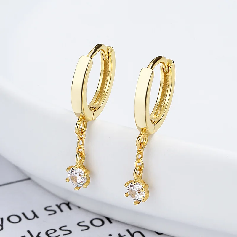 Fashion Jewelry 925 Sterling Silver Dangle Earrings Drop Zircon Tassel Chain Gold Plated Hoop Earrings Jewelry Women