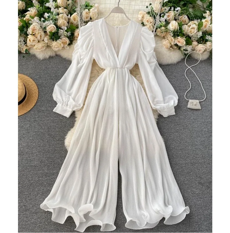 

2022 Spring Retro Sexy V-Neck Women Wide Leg Ribbed Jumpsuit Elegant Women'S Clothing For Clothing Manufacturers