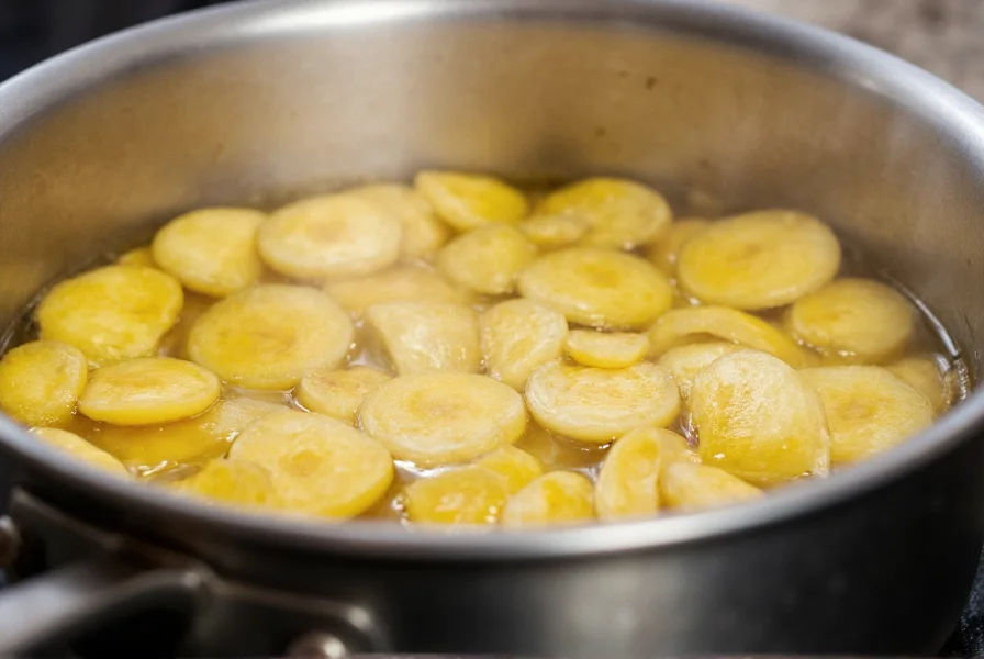 Fresh ginger root slices simmering in a stainless steel pot with steam rising, close-up photography