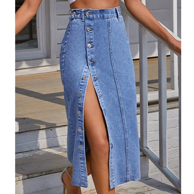 

2021 new women's skirts button irregular slit high waist denim skirt