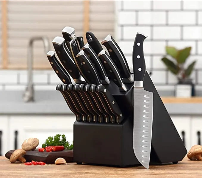 

Multi-piece premium kitchen knife set with wooden block stainless steel cutlery, sharpener and steak knife