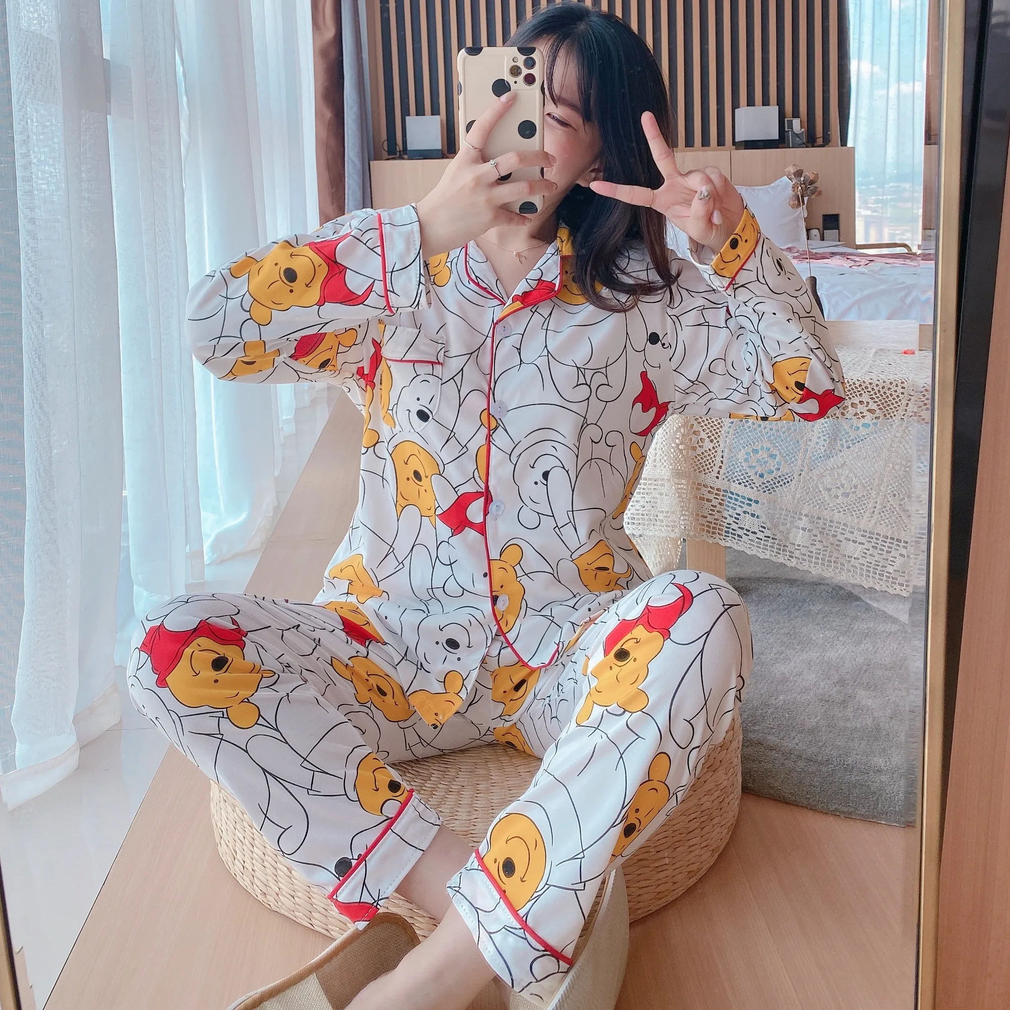 

Pajamas women spring and autumn models long-sleeved cardigan ladies cute cartoon students milk cotton pajamas two-piece suit