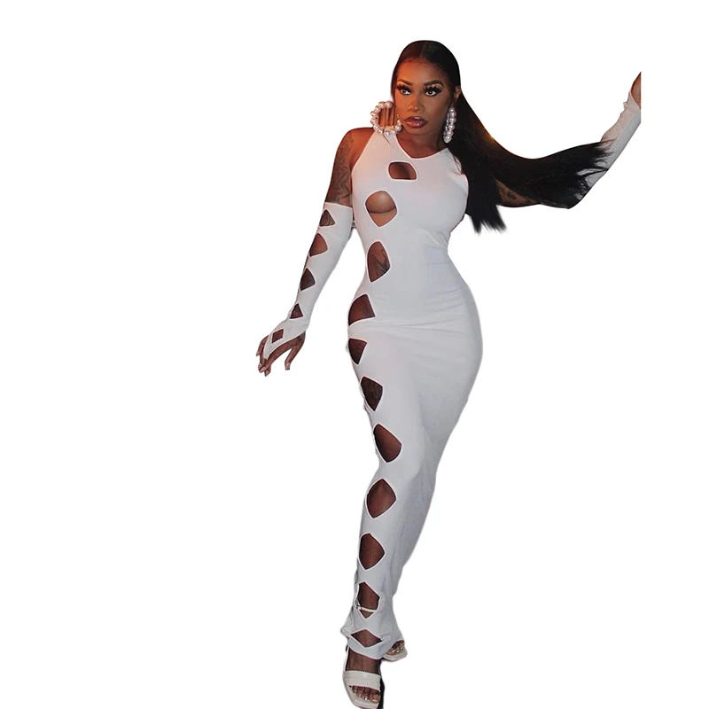 

K21S07294 Autumn Fashion New Solid Two-Piece O-Neck Vest Hollow Out Sexy Dress + Hollow Shoulderless Sleeves Women Slim Set