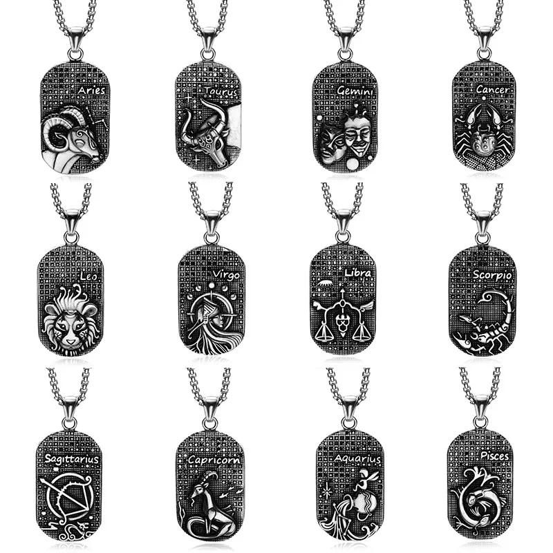 

Zodiac Necklace Stainless Steel Pendant Necklaces Patron Saint Black Zircon Paved Gothic Fashion Punk Jewelry 2021