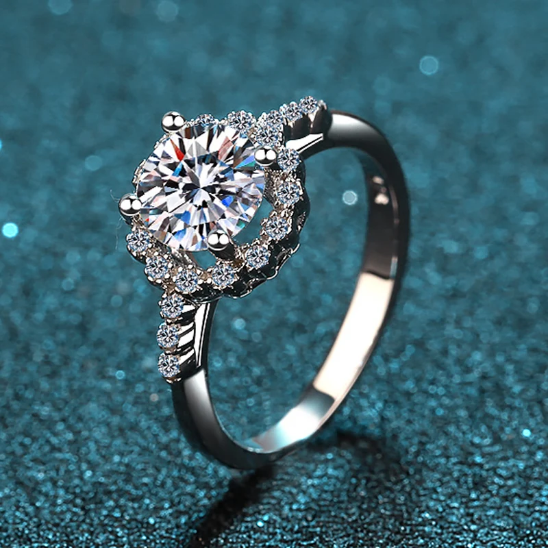 

s925 sterling silver ring female 1 carat moissan diamond ring round cover four-claw sterling silver plated pt950