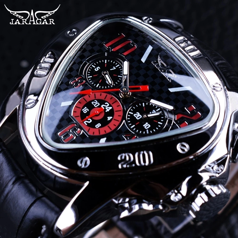 

JARAGAR Luxury Watch Men Design Geometric Triangle Leather Fashion Sport Watches Waterproof Mens Wrist Wristwatches Montre, 4-colors