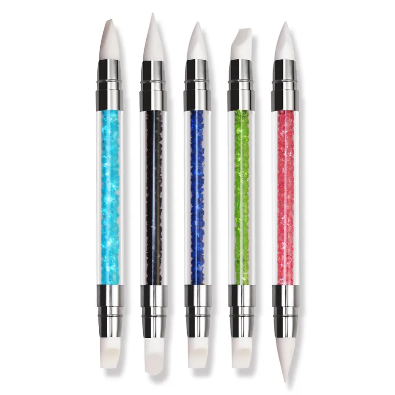 

Double-end Nail Brushes 5 Colors Rhinestones Acrylic Handle Nail Art Design Carving Silicone Pen Manicure Dotting Tools, Show as picture or can customized