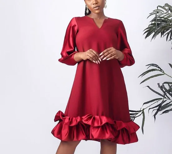 

2021 New Design Fashion Burgundy V Neck Ruffles African Women Casual Dress, Red