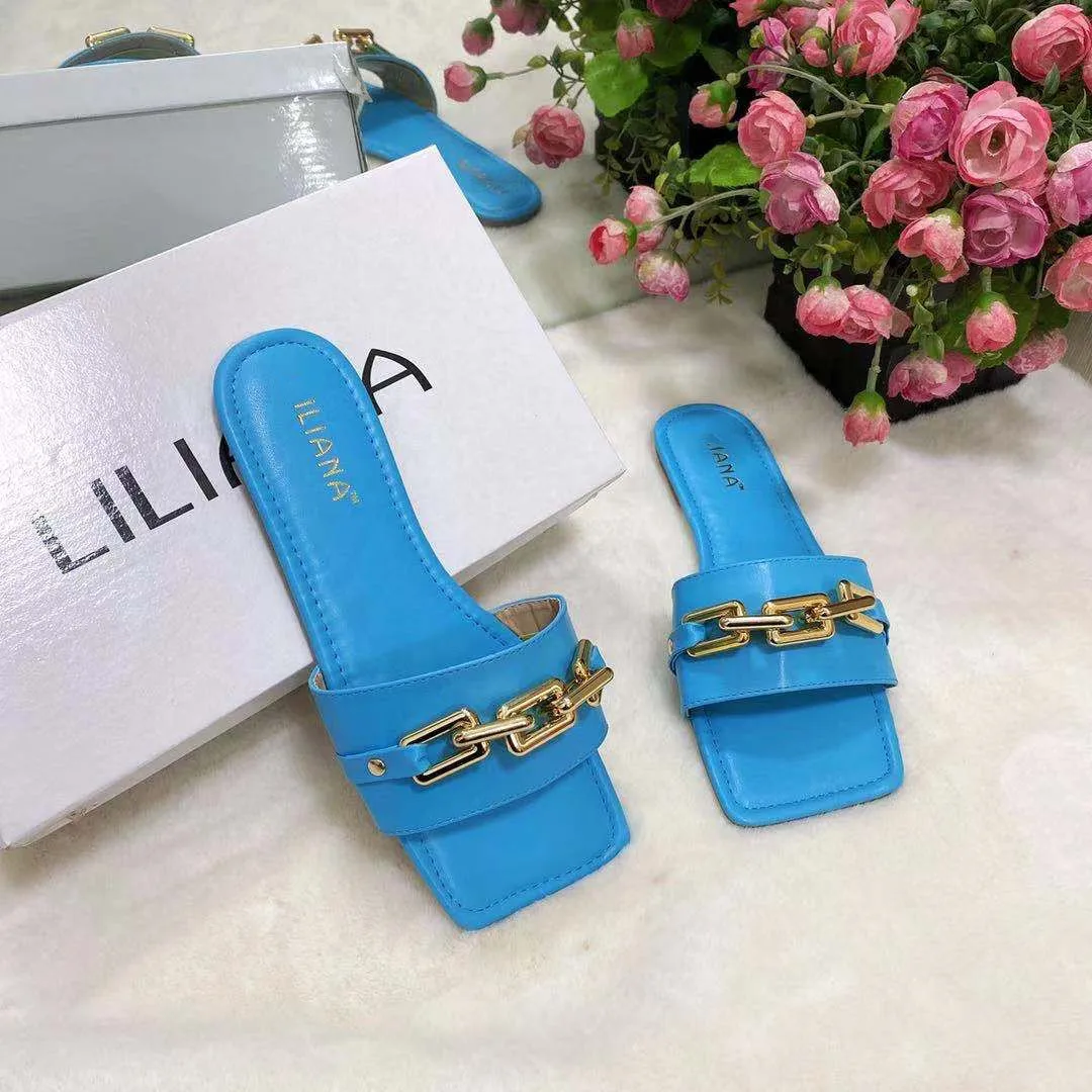 

Metallic chain trimmed faux leather women slippers square peep toe lady flats mules summer beach holiday wear girl slides