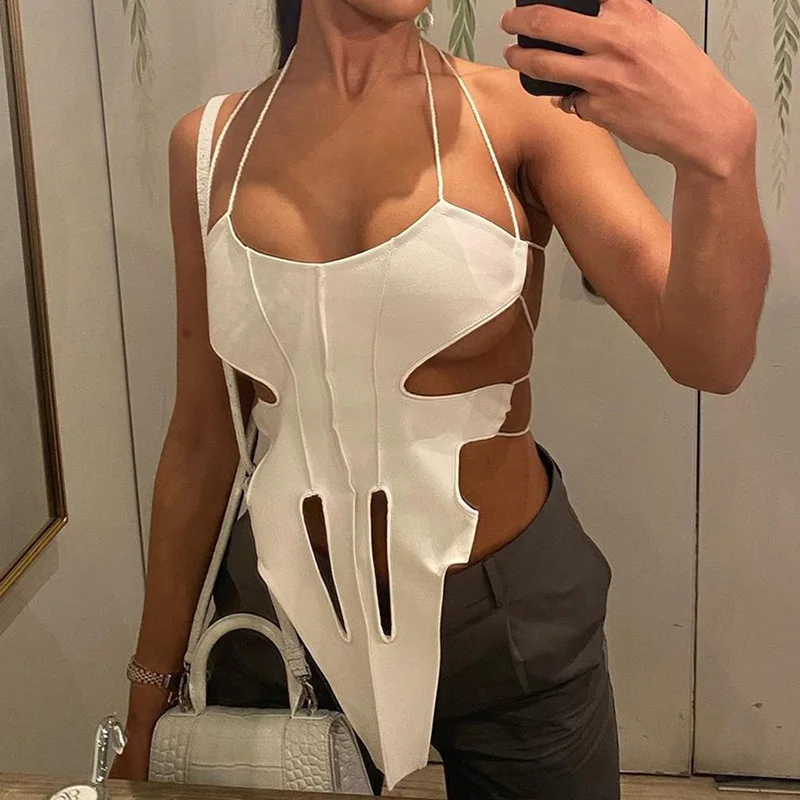 

Cut Out Solid Halter Camisole Women Sexy Backless Cleavage Crop Top 2021 New Trend Party Clubwear Vest Female Clothing
