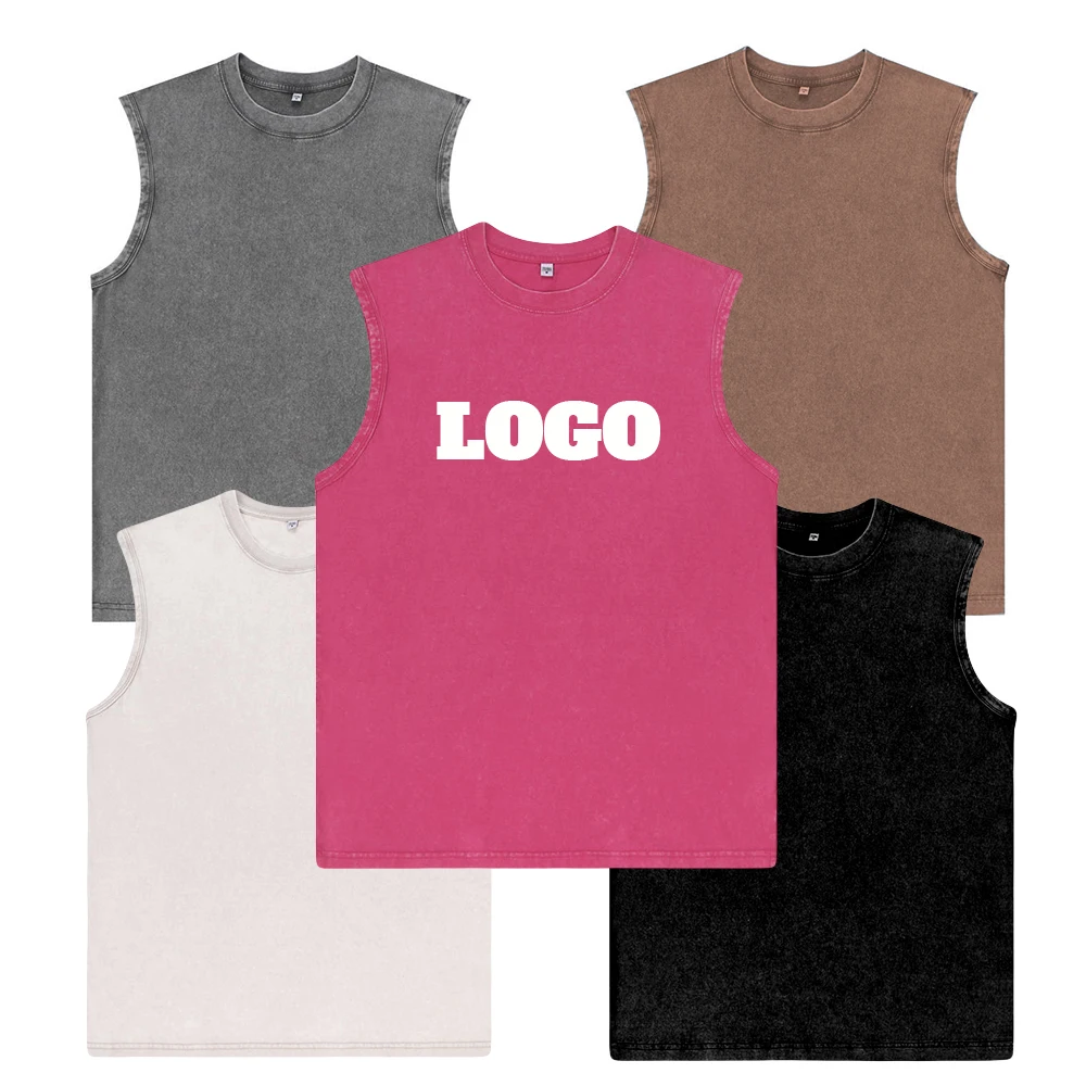 High Quality Men Vintage Sleeveless Acid Wash T-Shirt 100% Cotton Custom Oversized T Shirt Casual Vest