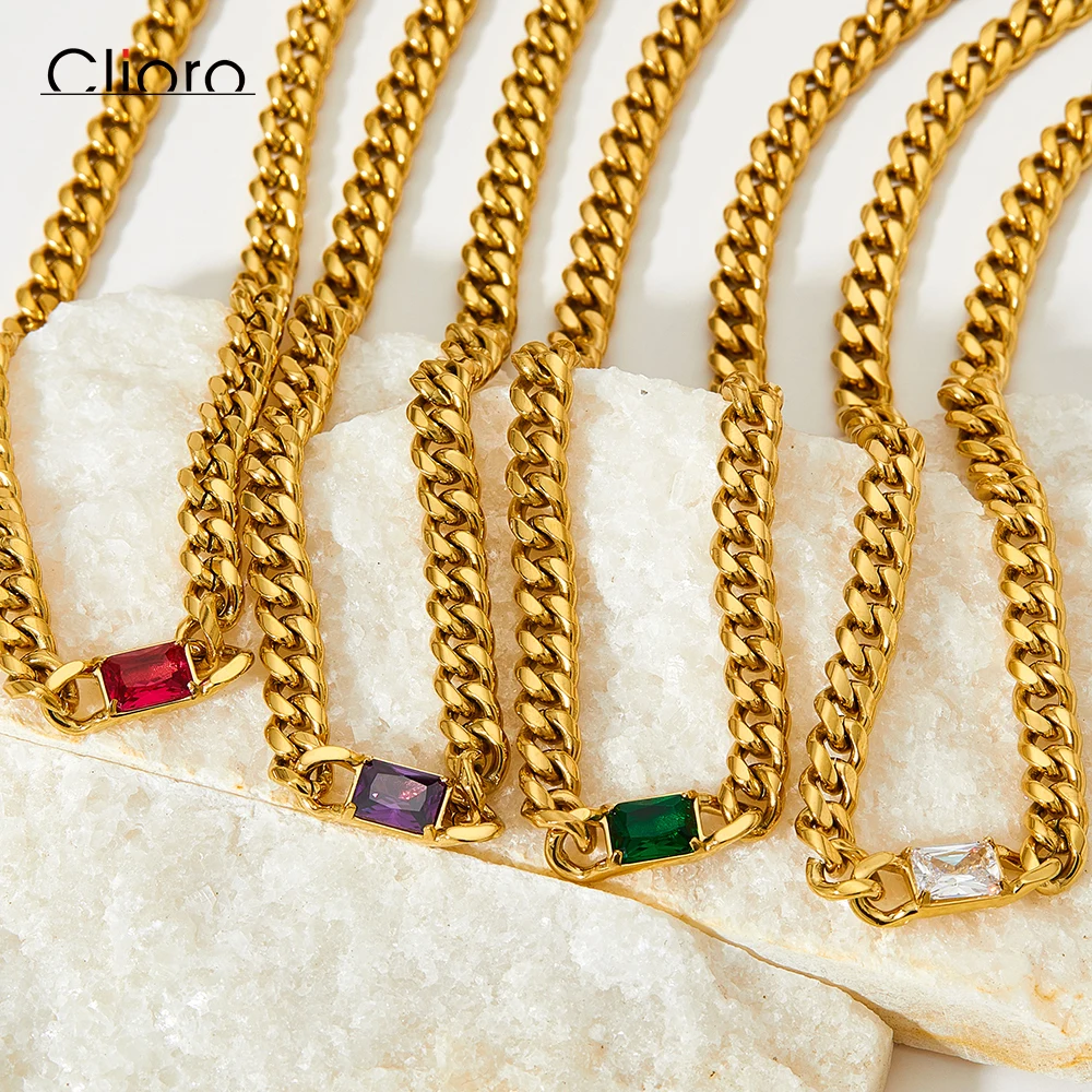 

14k Gold Plated Stainless Steel Jewelry Colorful Zircon Six-sided Cuban Chain Chokers Necklace