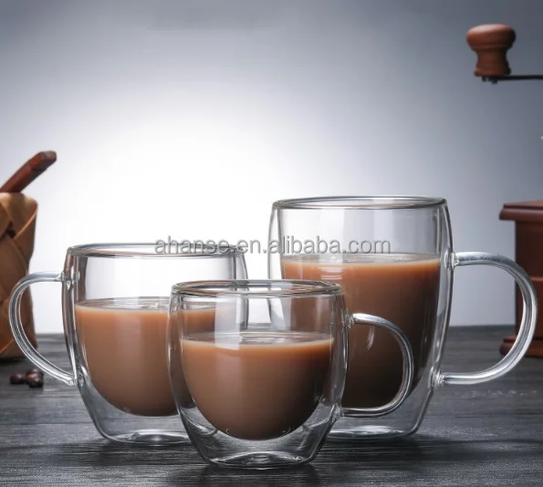 

Hot Sale Double Walled heat insulation Tea drinking Glass Coffee Cups 250ml Coffee Mugs with handle, Any color can paint