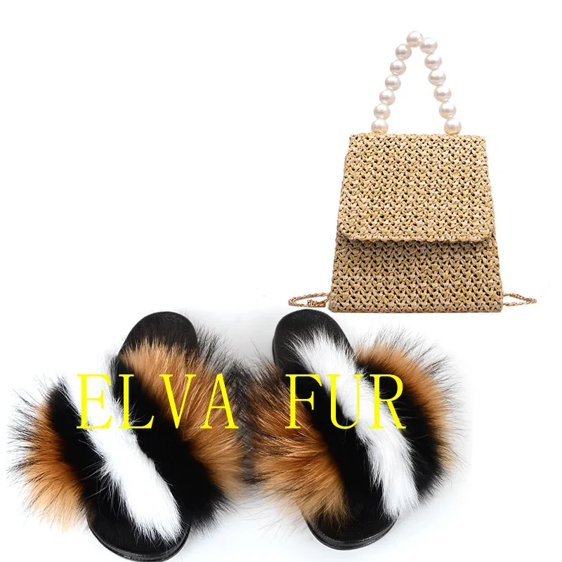 

2020 ELVA Women Fox Fur Slides Summer New Flat Flip-flops Tote Purses Set, Colours