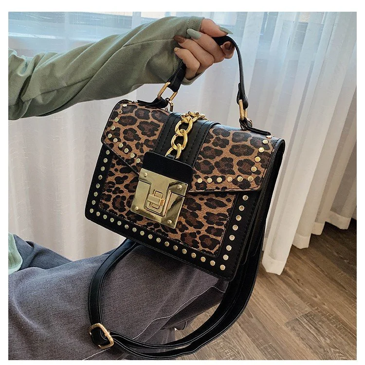 

2021 new product sexy leopard print rivet small square bag ladies portable all-match messenger shoulder bag