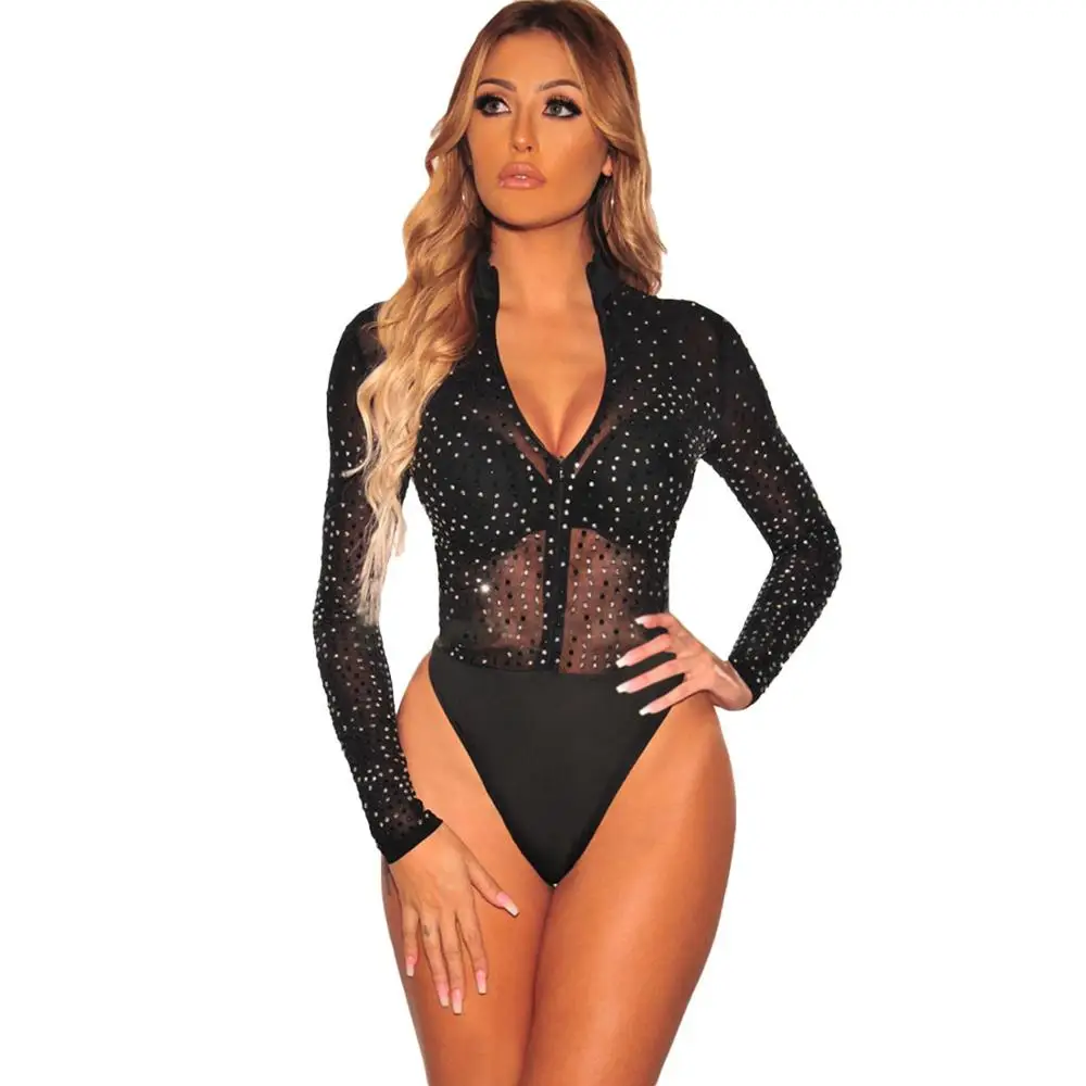 

Women Mock Collar Long Sleeve Rhinestone Party Bodysuit with Front Zipper, Black