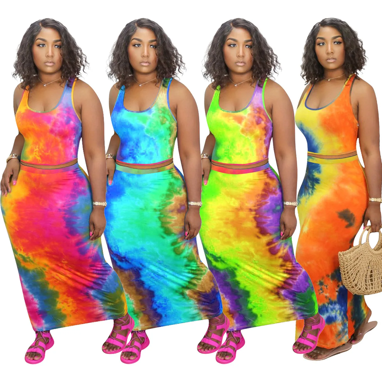 

2020 Hot Sale Women Sexy Plus Size Two Piece Sets Sleeveless Multicolored Gradient Printing Two Piece Girls Dresses, Picture