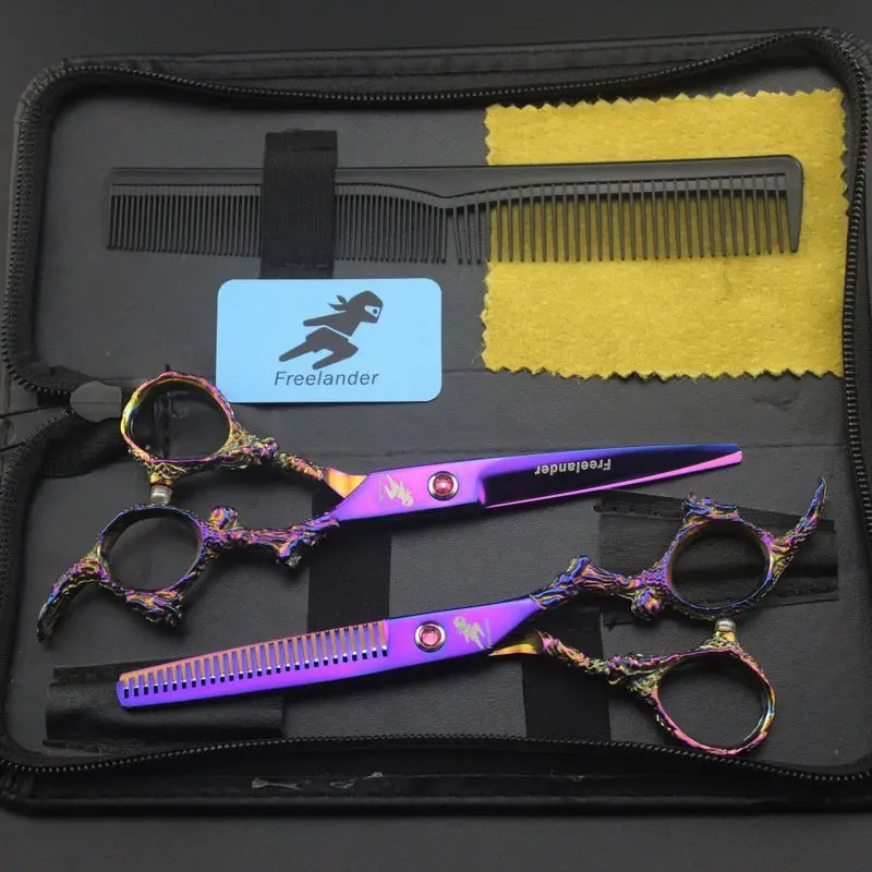 

Free shipping freelander dragon handle 6.0 inch golden/purple stainless steel hair scissors kit