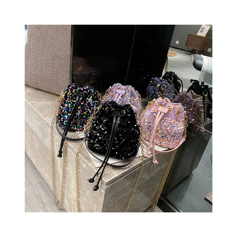 

2021 New Drawstring Bucket Ladies Purses Texture CHAIN PURSE DESIGNER sparkling Sequins Handbags for Women Fashion Crossbody Bag