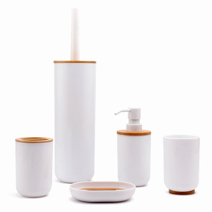 

Modern White Plastic and Bamboo Foam Hand Soap Dispenser of Bathroom Accessories Set 5 Pieces, Customized color