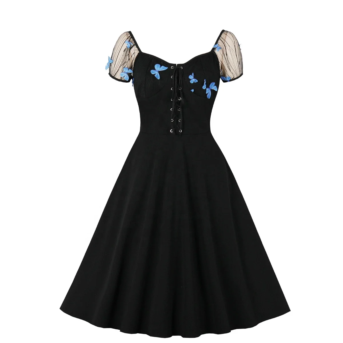 

Amazon FBA Service MXN-3086 Women's 3D Butterfly Applique Mesh Lace-up Gothic Vintage Dress