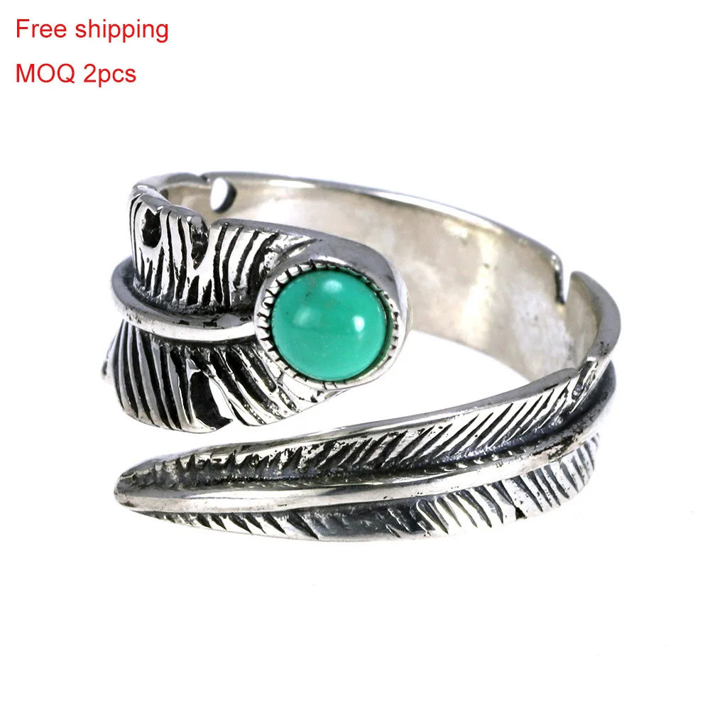 

Adjustable Opening Type Vintage Feather Natural Stone Ring Designs For Men 925 Silver