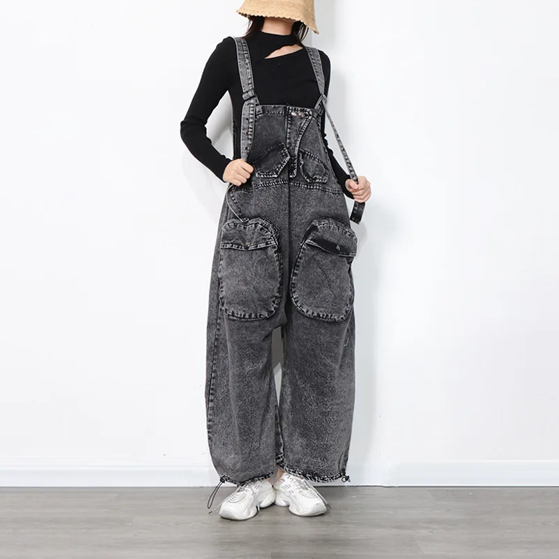 

2022 New Fashion Streetwear Sleeveless Slip Jumpsuits Gray Denim Trousers Pants High Waist Loose Jeans For Ladies