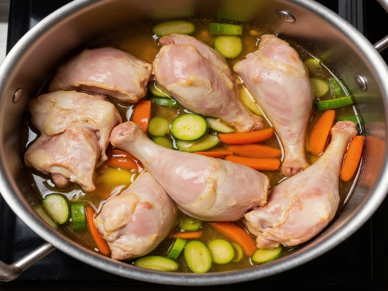 Chicken bones simmering with vegetables in stockpot
