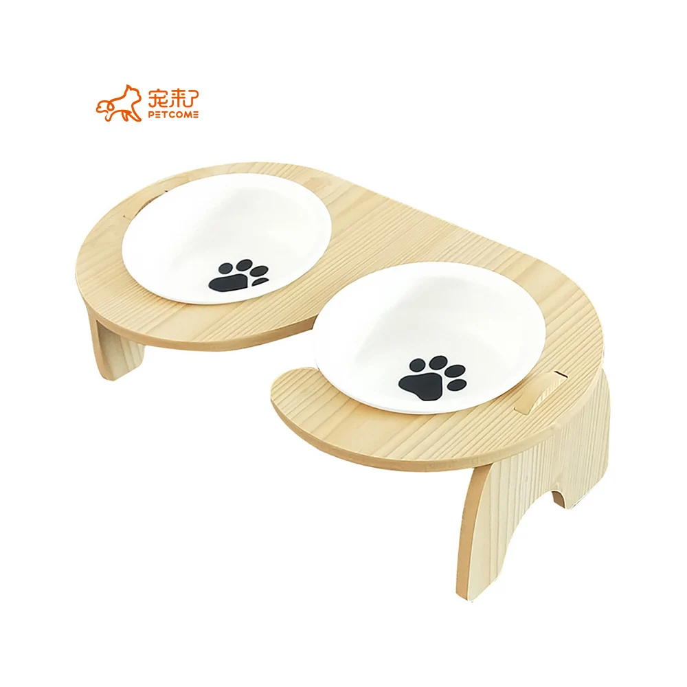 

PETCOME Ebay Best Sell Modern Eco Friendly Wood Elevated Ceramic Cat Bowls Double Dog Feeder, As picture