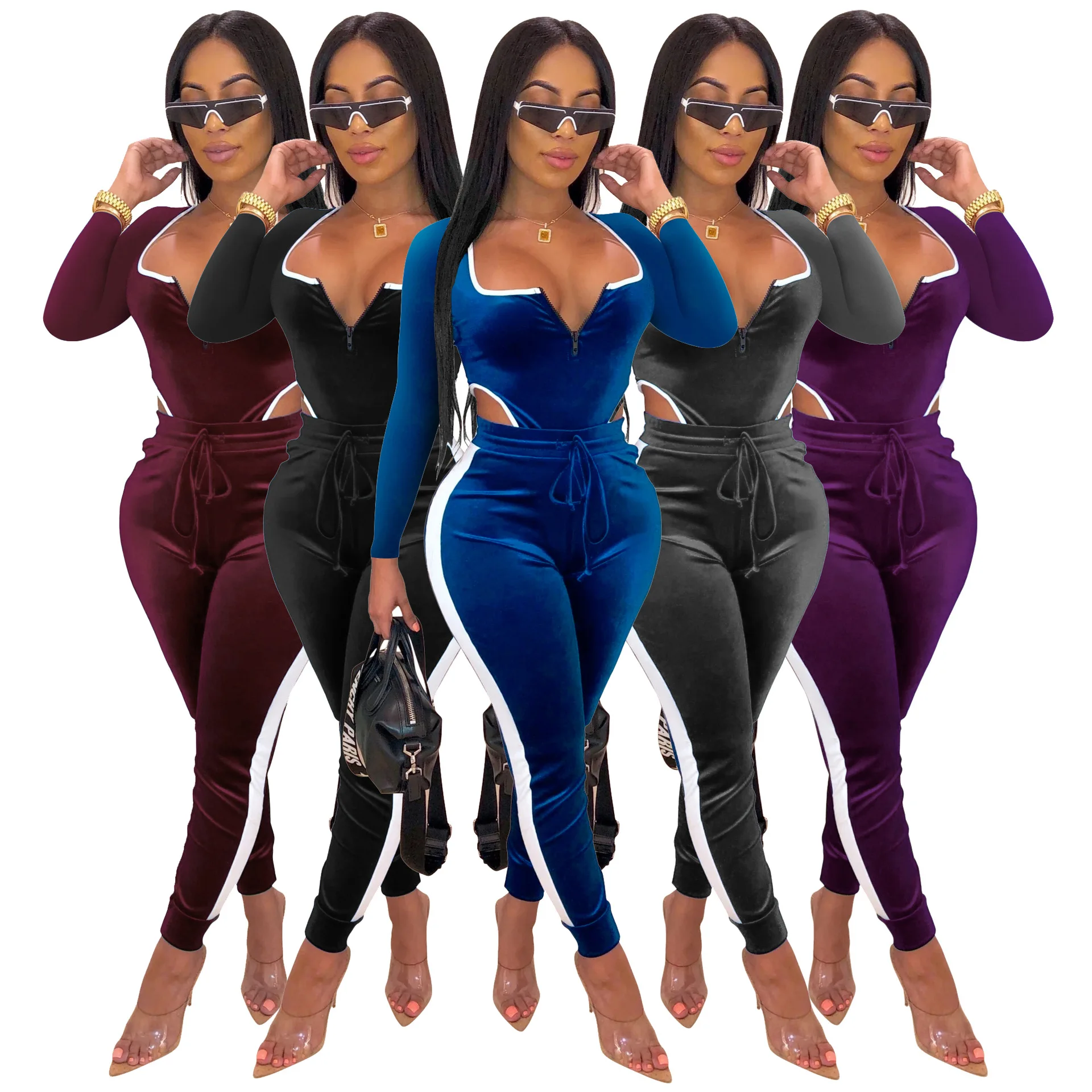 

Competitive prices sexy velvet long sleeve jumpsuit tracksuit womens bodycon clothing one piece sets outwear for women