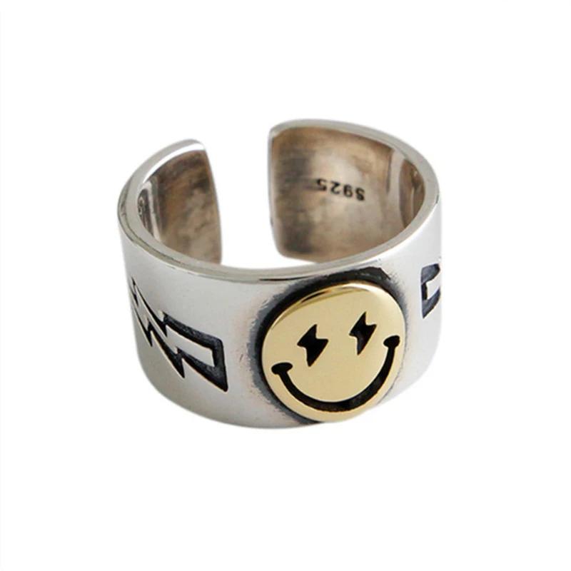 

Hot Sale Happy Smiley Face Lightning Stamp Tibetan Ring Big Large Retro Vintage Golden Gothic Women Jewelry Rings, As picture