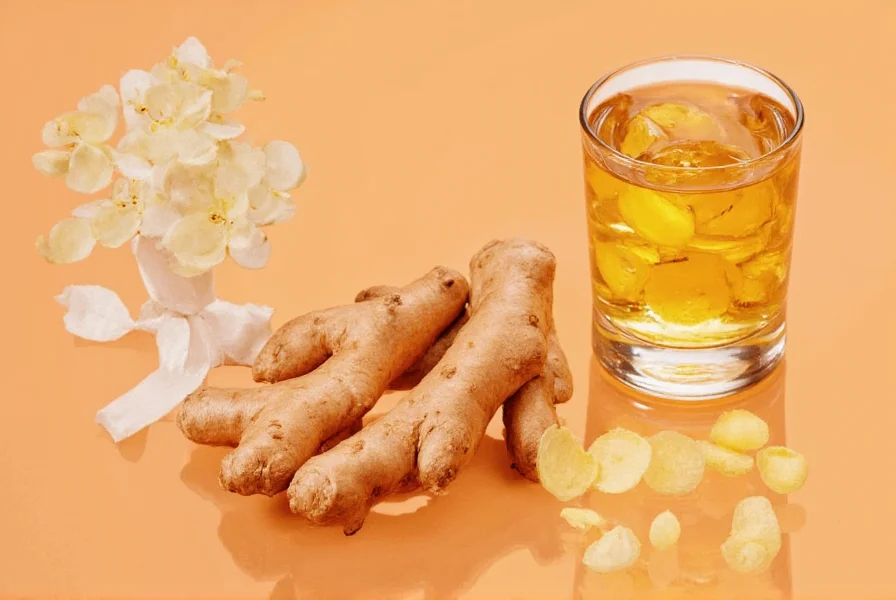 Fresh ginger root shot in a small glass with lemon slice