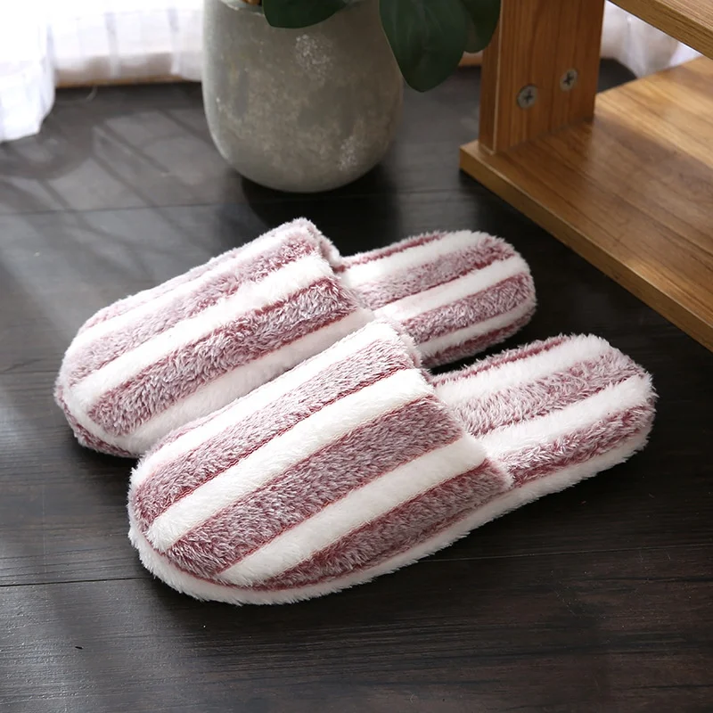 

stock winter autumn woman man striped fuzzy plush warm indoor house slipper