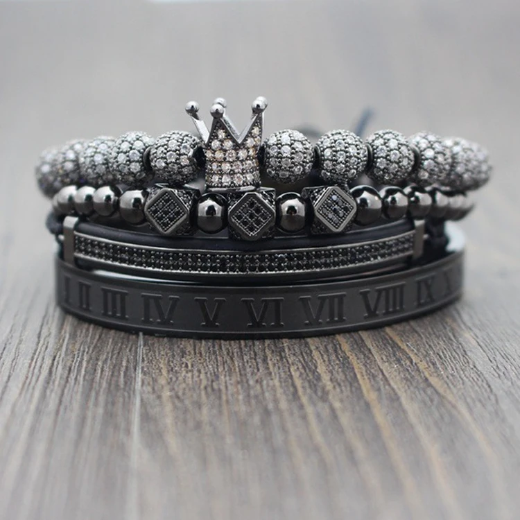 Luxury 4pcs/set Men's Gold Crown Bracelet Set Stainless Steel Numbers Engraved Cz Crown Braided