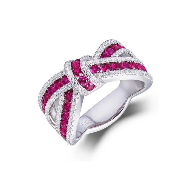 

Korean Fashion Platinum Plated Irregular Inlaid Ruby Diamond Ribbon Bowknot Cross Rings, Colorful