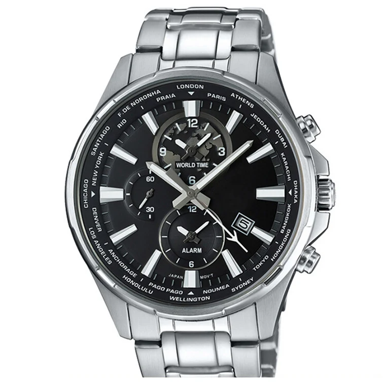 

Fashion stainless steel band calendar two time zone alarm man's quartz wristwatch
