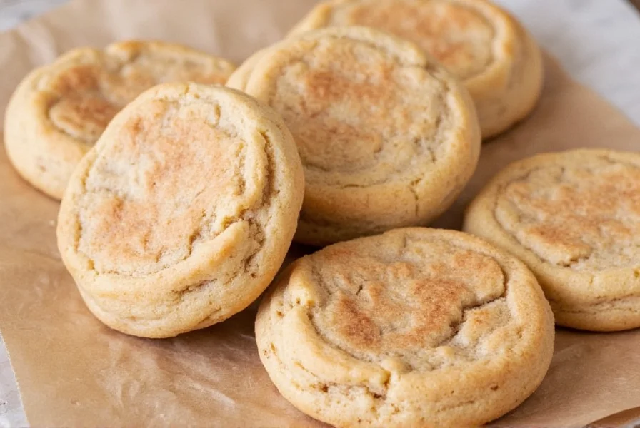 Close-up of perfectly baked cinnamon cookies with visible cracks and golden edges on parchment paper