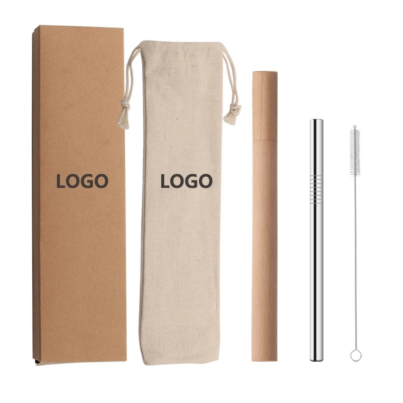 

Customize logo Kraft paper case box stainless steel reusable drinking straw with wooden case with logo, Customized color