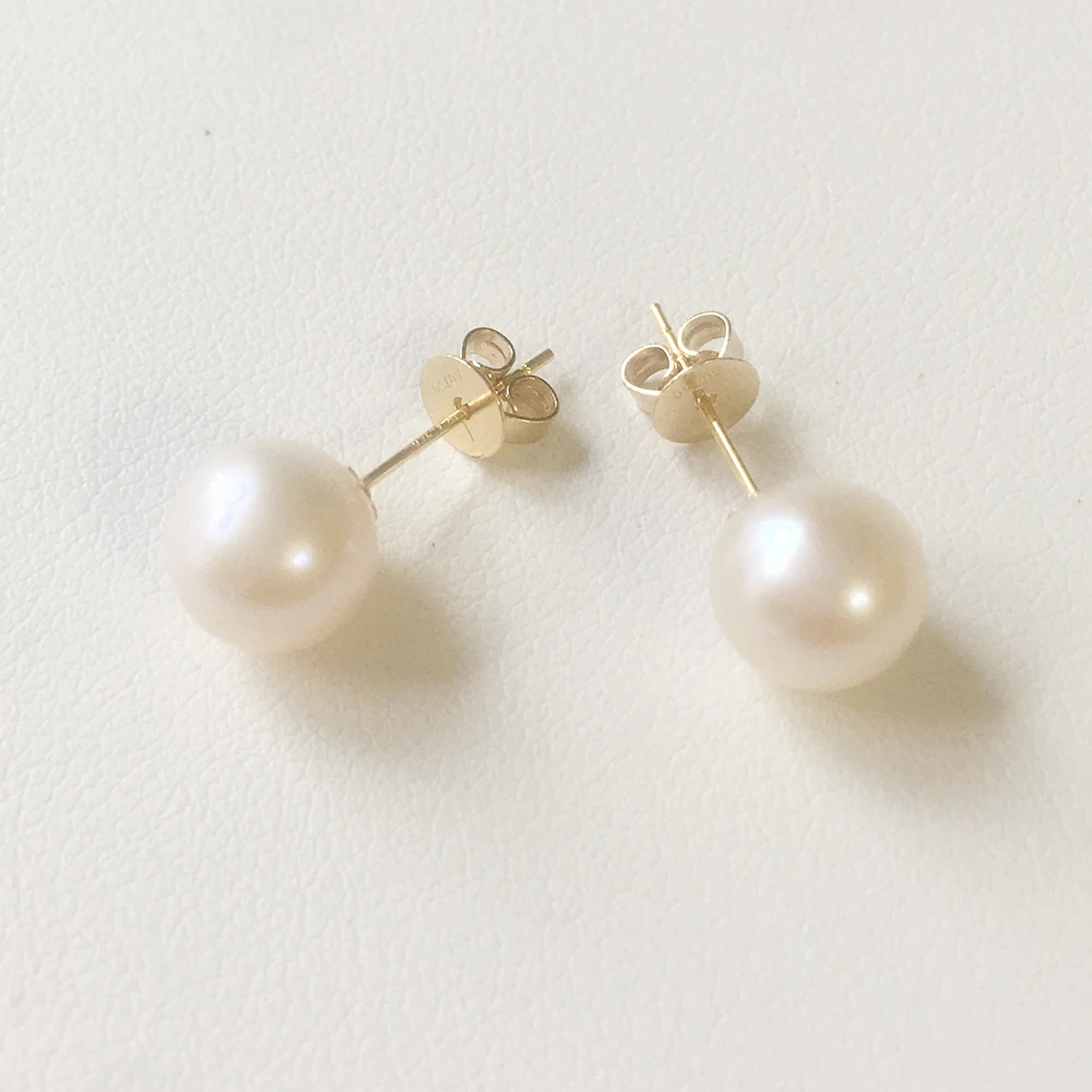 

Real solid 18k gold stud Earrings Freshwater Perfect Round Pearl Earrings-7.5-8 mm AAA high luster nature pearl au750 gold