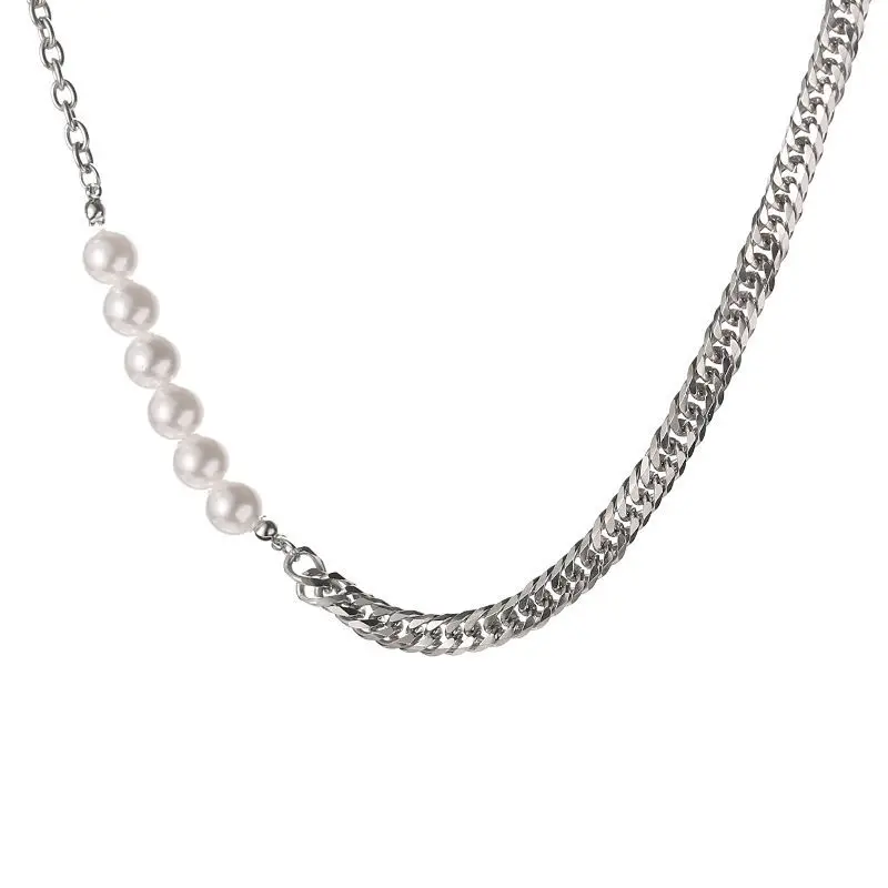 

Krkc New Arrive Irregular Pearl Pendants Choker Wholesale Seawater White Pearl Necklace Stainless Steel Cuban Link Chain Choker, Titanium steel pearl